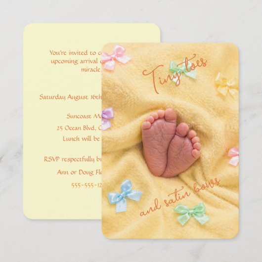Tiny Toes Satin Bows ベビーシャワー招待状 招待状 (正面/裏面)