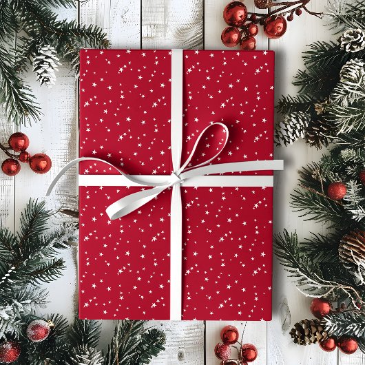 Tiny White Stars on Red Christmas ラッピングペーパー