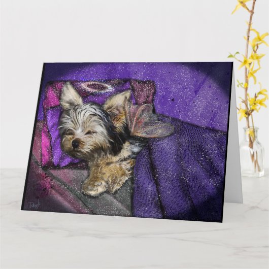 Tiny Yorkie Sleeping Angel Halo Memorial Art カード (黄色い花)