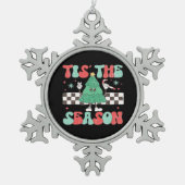 Tis Season Retro Womans Holiday スノーフレークピューターオーナメント (正面)