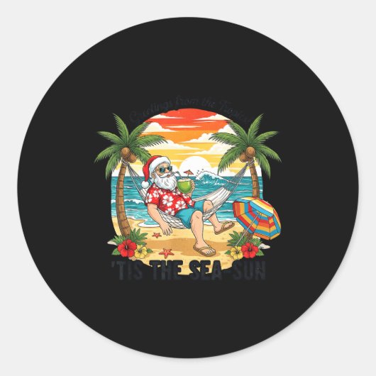 Tis The Sea-sun Christmas In July Hawaii Santa Bea ラウンドシール (正面)
