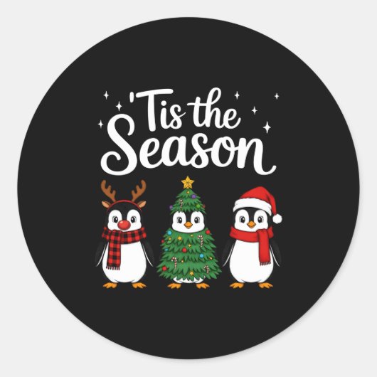 Tis The Season Penguin Christmas Santa Long Sleeve ラウンドシール (正面)