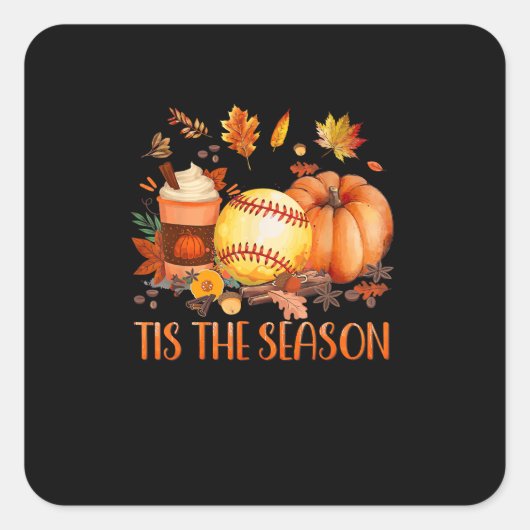Tis The Season Pumpkin Leaf Latte Fall Softball スクエアシール (正面)