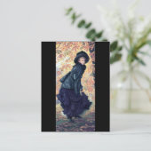 Tissot 10月の女性の黒の服の秋のオレンジの葉 ポストカード (スタンド正面)