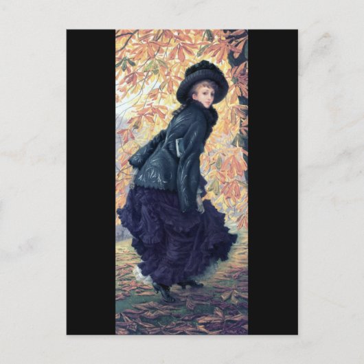 Tissot 10月の女性の黒の服の秋のオレンジの葉 ポストカード (正面)