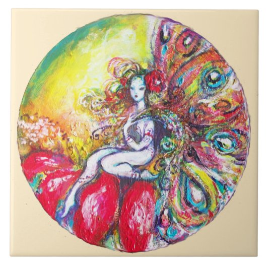 TITANIA SITTING ON A RED FLOWER ファンタジーアイボリー タイル (正面)