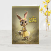 Title Adorable Easter Bunny with Basket and Flower カード (黄色い花)