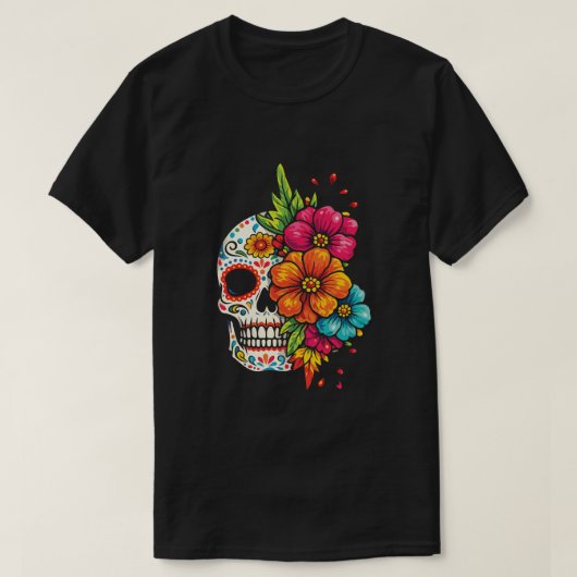 Title: Día de los Muertos Floral Skull Tシャツ (デザイン正面)