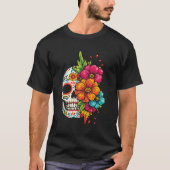 Title: Día de los Muertos Floral Skull Tシャツ (正面)