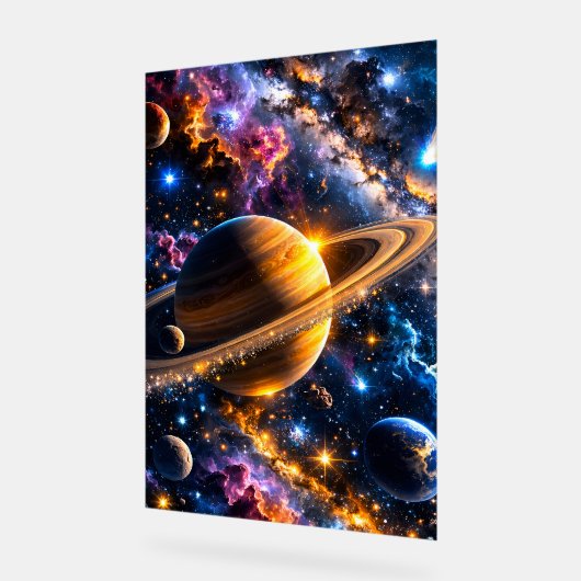 Title Galactic Odyssey Saturn and space nebula art アクリルサイン (傾斜)