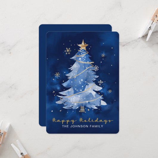 Title: Happy Holidays Elegant Navy Gold Christmas  カード (正面/裏面インサイチュ)