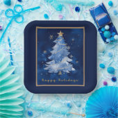 Title: Happy Holidays Elegant Navy Gold Christmas  ペーパープレート (パーティー)
