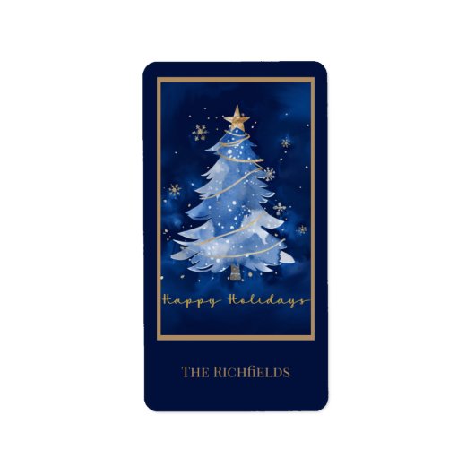 Title: Happy Holidays Elegant Navy Gold Christmas  ラベル (正面)