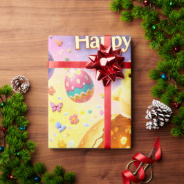 Title whimsical Easter bunny and colourful egg pat ラッピングペーパー