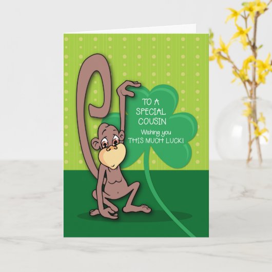 To A Special Cousin, St. Patrick's Day Monkey カード (黄色い花)