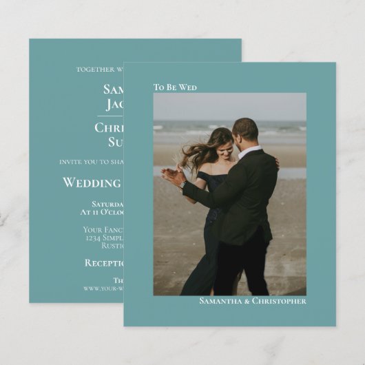 To Be 結婚シンプルティール（緑がかった色）BUDGET結婚の写真招待状 (正面/裏面)