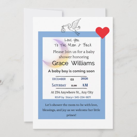 To the Moon and Back Baby Boy Shower Invitation |  招待状 (正面)