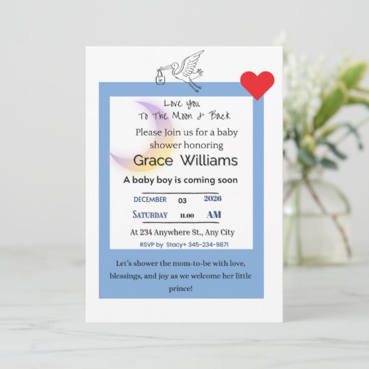 To the Moon and Back Baby Boy Shower Invitation |  招待状 (スタンド正面)