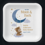 To the Moon and Back Baby Shower Paper Plates  ペーパープレート<br><div class="desc">This baby shower paper plates design features a cuddly cute teddy bear swinging on a cloud attached to a blue crescent moon. Fluffy clouds and shiny gold stars fill the sky background. Whimsical celestial and modern fonts complete this look. Display on your favorite easel.</div>