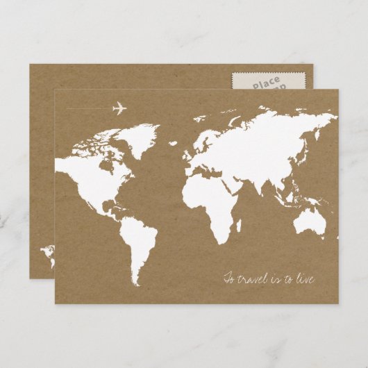 To Travelは生きることである。白いワールドマップon brown ポストカード (正面/裏面)