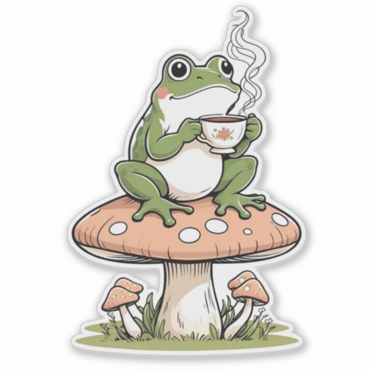 Toadstoolステッカー上の居心地の良いカエルのお茶 シール (正面)