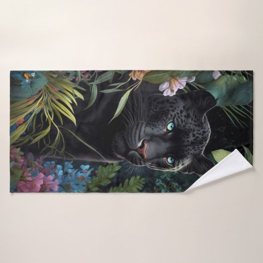 Toalla de pantera negra en la selva con flores バスタオル (バスタオル)