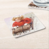 Tobogganのクリスマスのヴィンテージの女の子 スクエアペーパーコースター (アングル)