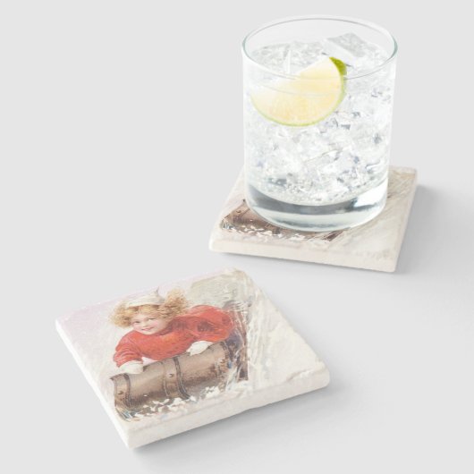 Tobogganのクリスマスのヴィンテージの女の子 ストーンコースター (横)