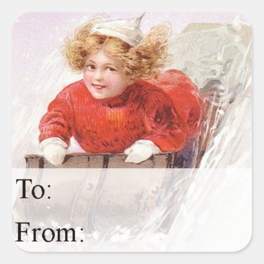Tobogganのヴィンテージのクリスマスのギフトのラベルの女の子 スクエアシール (正面)