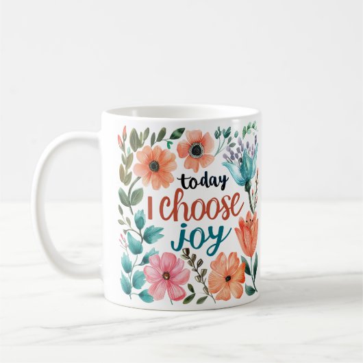 「Today I Choose Joy」パステルフローラインスピレーション コーヒーマグカップ (左)