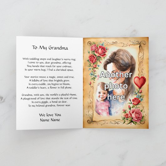 Toddlerの詩を祖母のための2枚の写真を追加 カード (内部)
