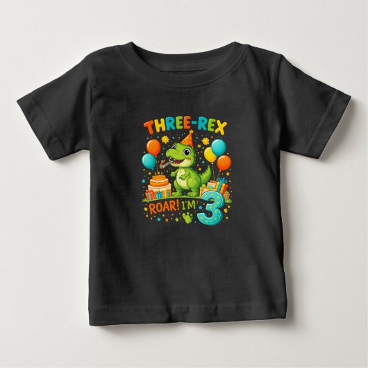 Toddler Birthday T-Shirt – Cute Three Rex Dinosaur ベビーTシャツ (正面)