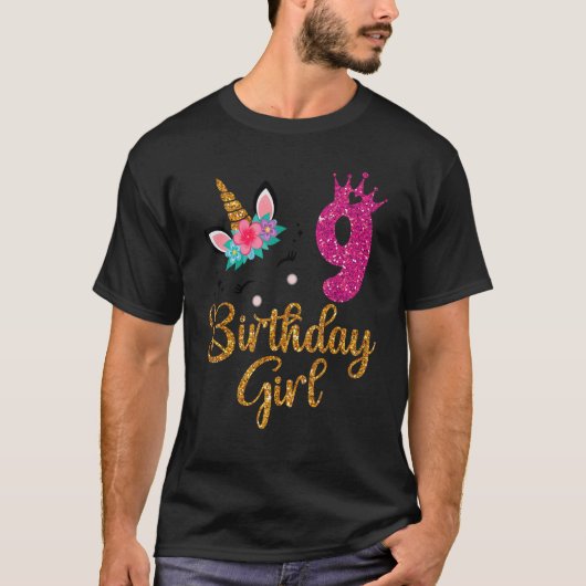 Toddler Giのための私の9誕生日ユニコーンの衣装 Tシャツ (正面)