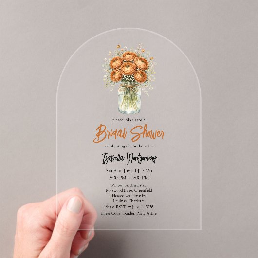 Toffee Palette Ranunculus Mason Jar Bridal Shower アクリル招待状 (インサイチュ (ポータブル))
