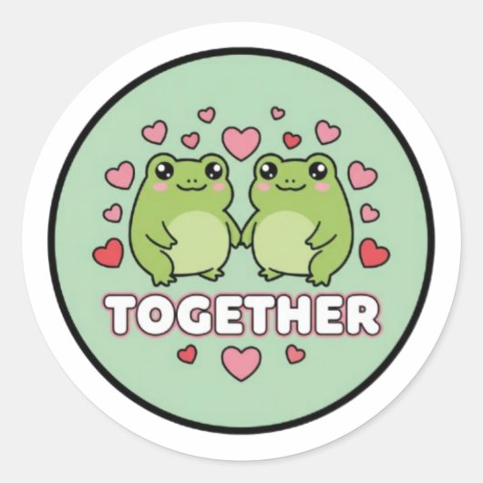 Together Frog Sticker Cute Couple Frogs Holding Ha ラウンドシール (正面)