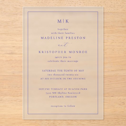 Together Navy Blue Serif Elegancy アクリル招待状 (正面)