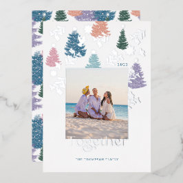 Together Pastelクリスマスツリーフォレストファミリーフォト 箔シーズンカード