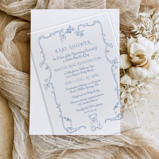 Toileヴィンテージフレームteddy bearベビーシャワー アクリル招待状