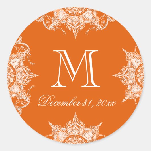 Toile Damask Swirl Matchingステッカー – タンジェリン ラウンドシール (正面)