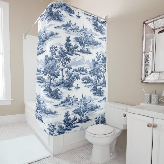 Toile de jouy，ブルー中国，磁器，ブルーウィロー シャワーカーテン (インサイチュ)