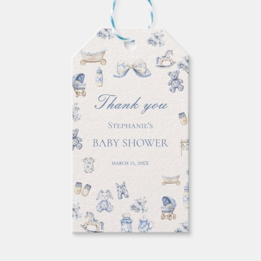 Toile De Jouy Baby Shower Blue Bow Boy ギフトタグ (正面)
