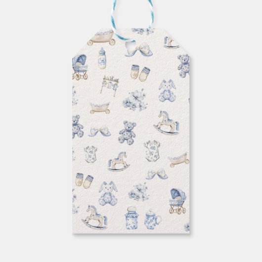 Toile De Jouy Baby Shower Blue Bow Boy ギフトタグ (裏面)