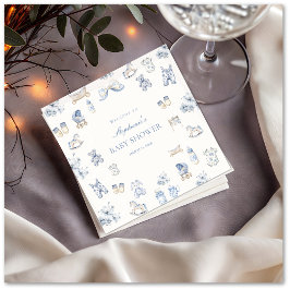 Toile De Jouy Baby Shower Blue Bow Boy スタンダードカクテルナプキン
