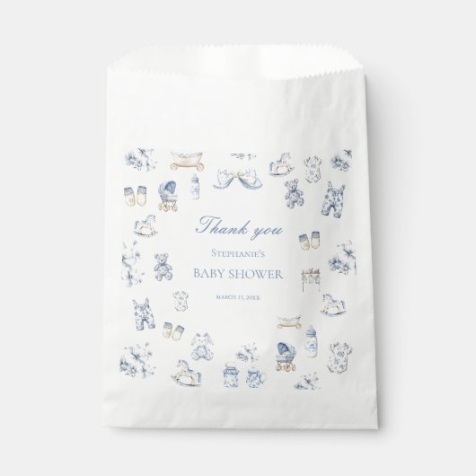 Toile De Jouy Baby Shower Blue Bow Boy フェイバーバッグ (正面)