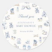 Toile De Jouy Baby Shower Blue Bow Boy ラウンドシール (正面)