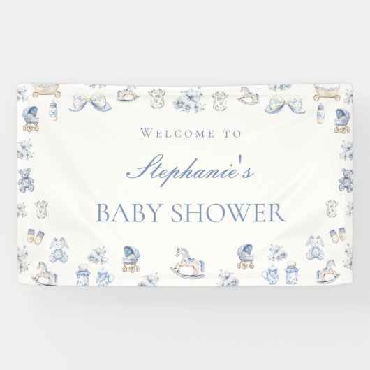 Toile De Jouy Baby Shower Blue Bow Boy 横断幕 (横)