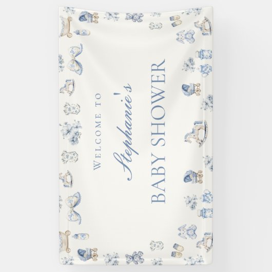 Toile De Jouy Baby Shower Blue Bow Boy 横断幕 (縦)