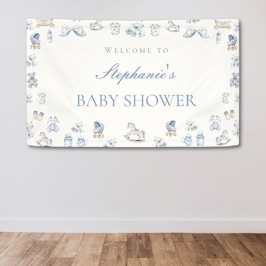 Toile De Jouy Baby Shower Blue Bow Boy 横断幕