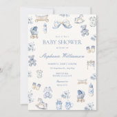 Toile De Jouy Baby Shower Blue Bow Boy Invitation 招待状 (正面)
