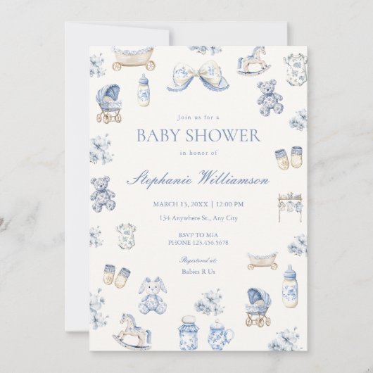 Toile De Jouy Baby Shower Blue Bow Boy Invitation 招待状 (正面)